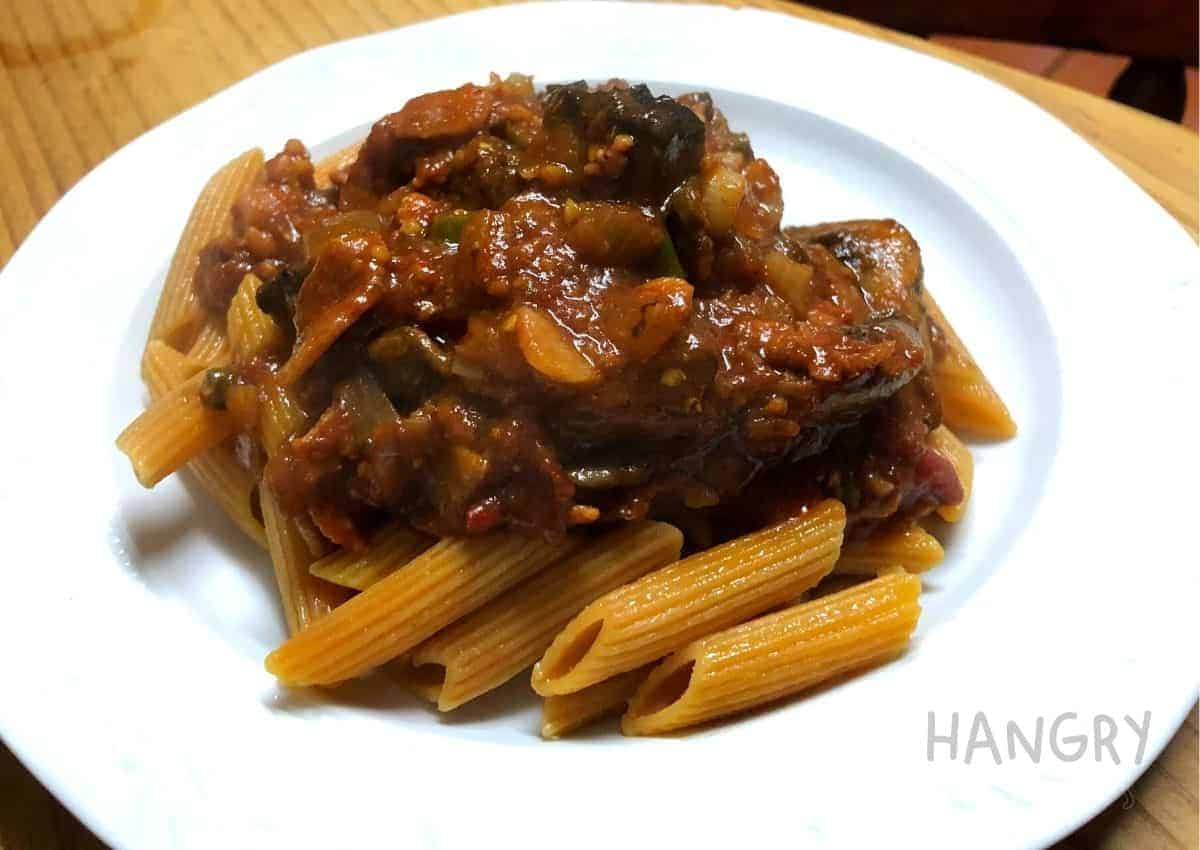 Bacon and Mushroom Arrabbiata with Lentil Penne Pasta
