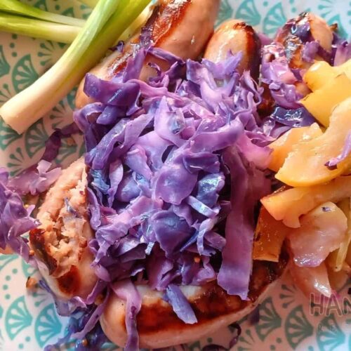 Pork Bangers, with a Sweet and Tangy Apple and Red Cabbage