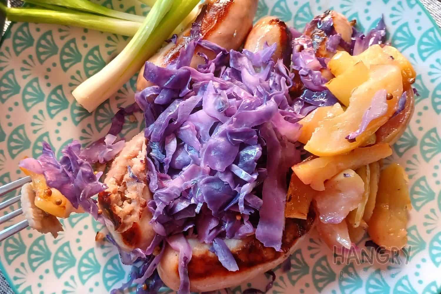 Pork Bangers, with a Sweet and Tangy Apple and Red Cabbage