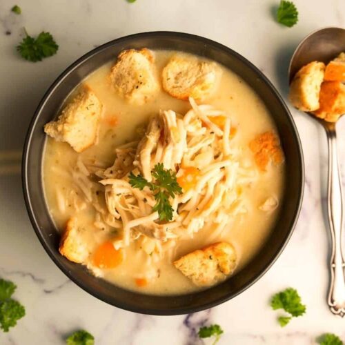 Chicken Noodle Soup with Garlic Croutons
