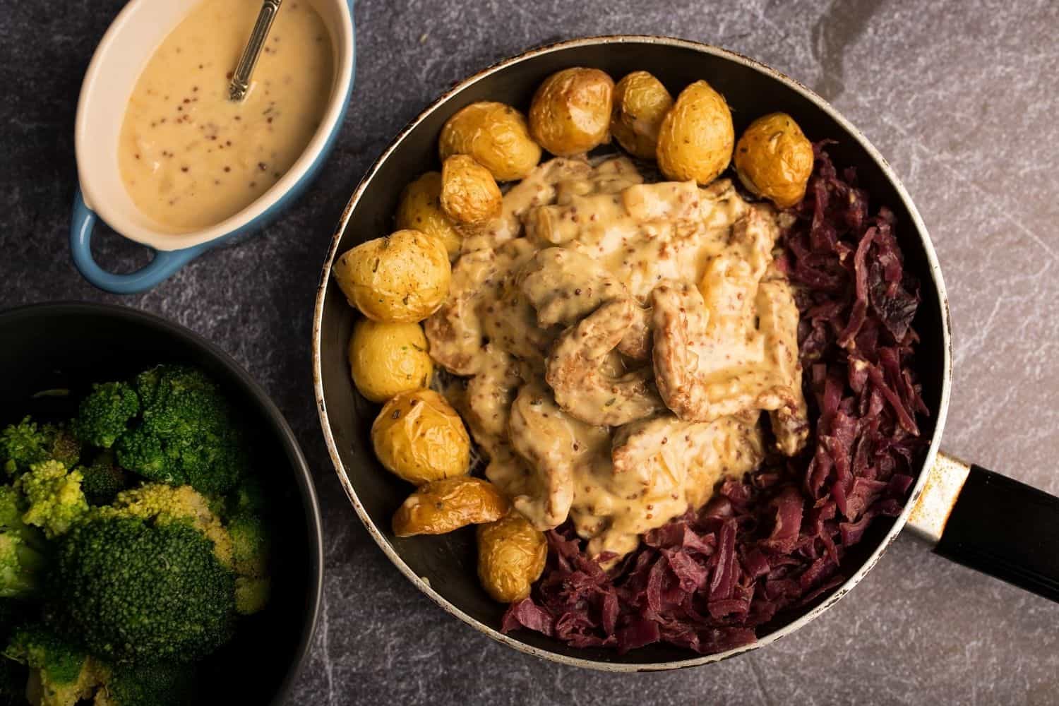 Mustard Fry's Chicken Strips with Braised Red Cabbage, Roasted Potato & Broccoli