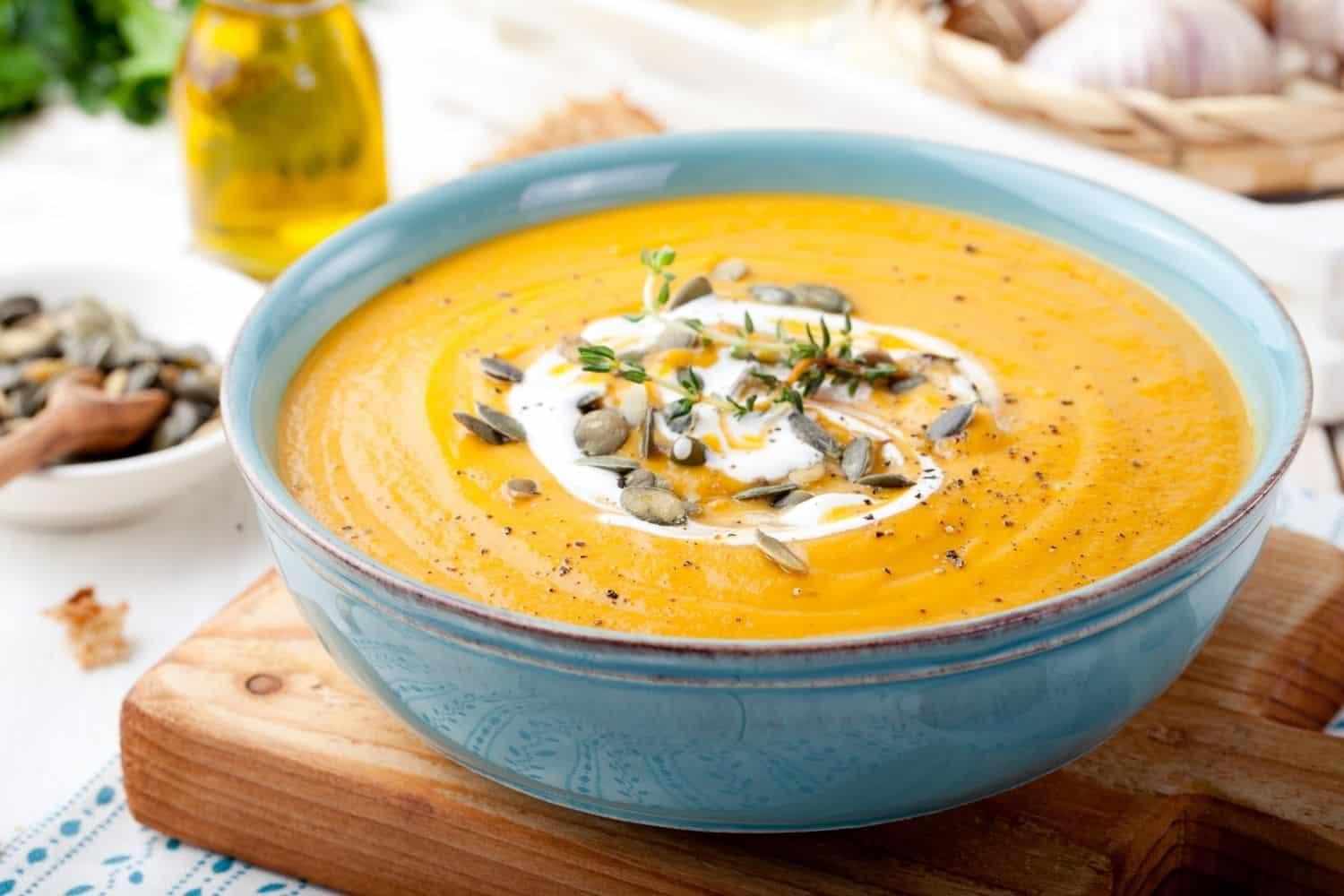 Roasted Butternut Soup with Honey Pumpkin Seeds and Rolls