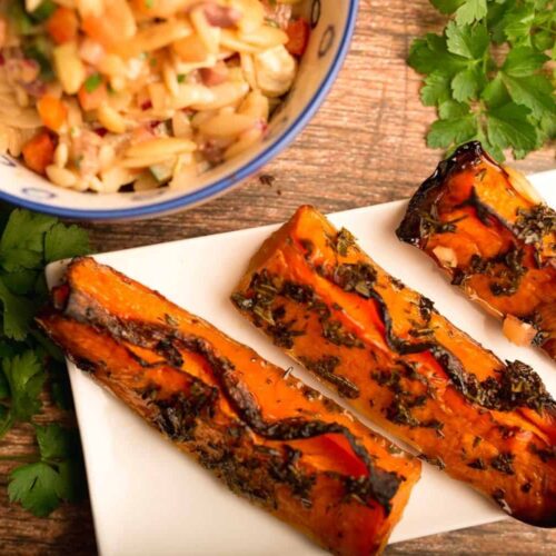 Sticky Butternut Wedges with Mediterranean Orzo Salad