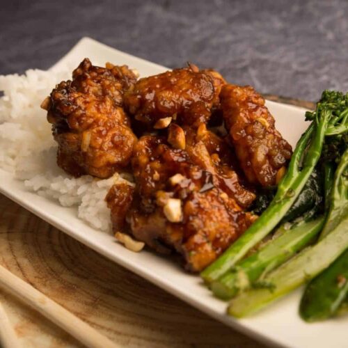 Sticky Cashew Chicken with Jasmine Rice and Asian Greens