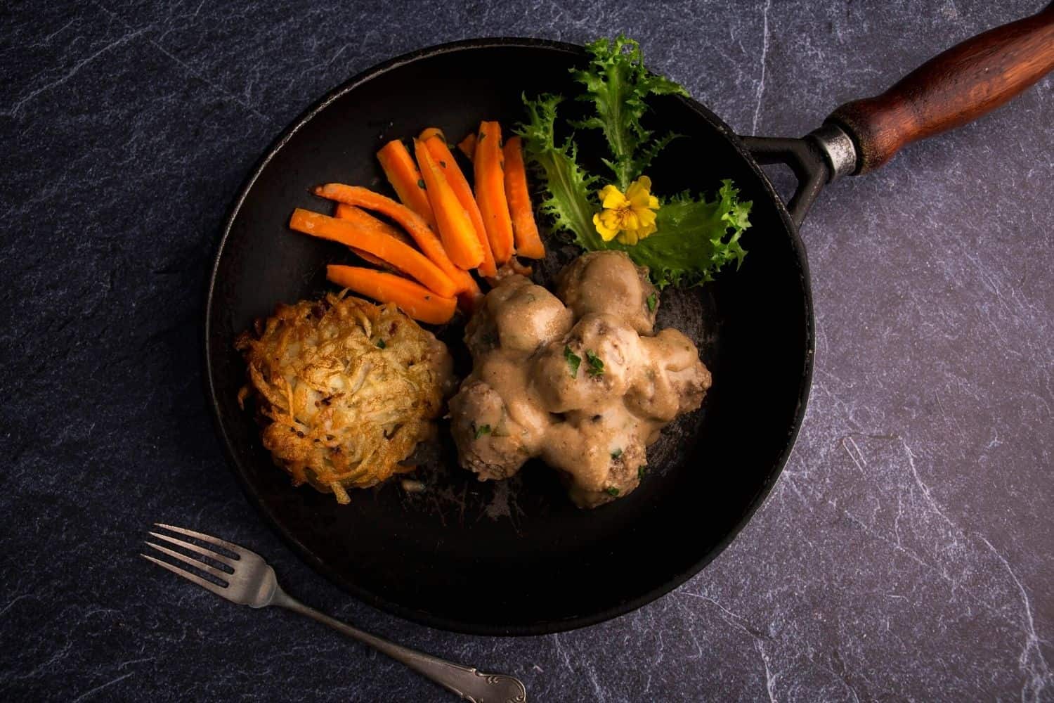 Swedish Style Meatballs with Twice Roasted Carrots & Potato Rosti