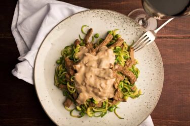 Aged Sirloin in Mushroom Sauce with Zucchini Noodles and Parmesan