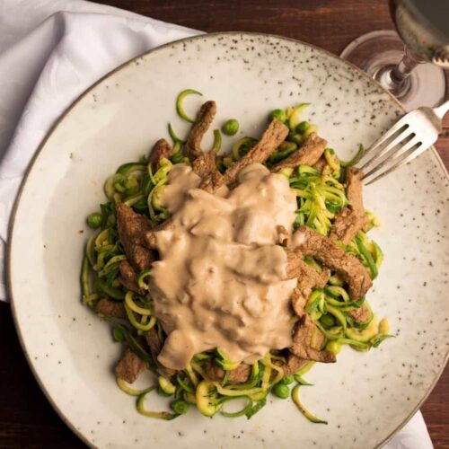 Aged Sirloin in Mushroom Sauce with Zucchini Noodles and Parmesan