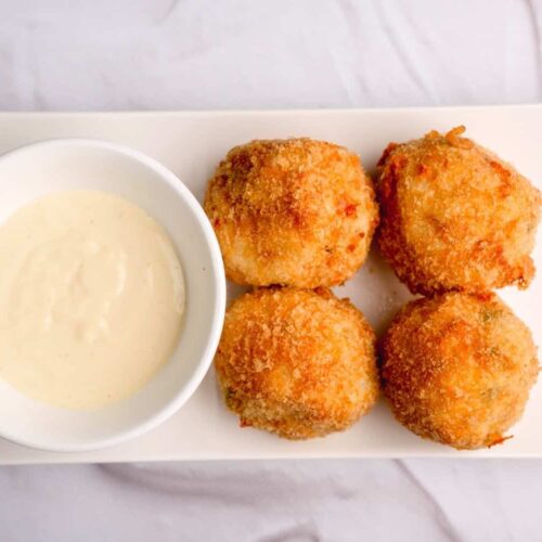Chicken and Pea Rice Balls with Tangy Mayo