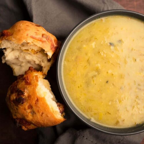 Creamy Potato and Burnt Leek Soup with Garlic Herb Bun