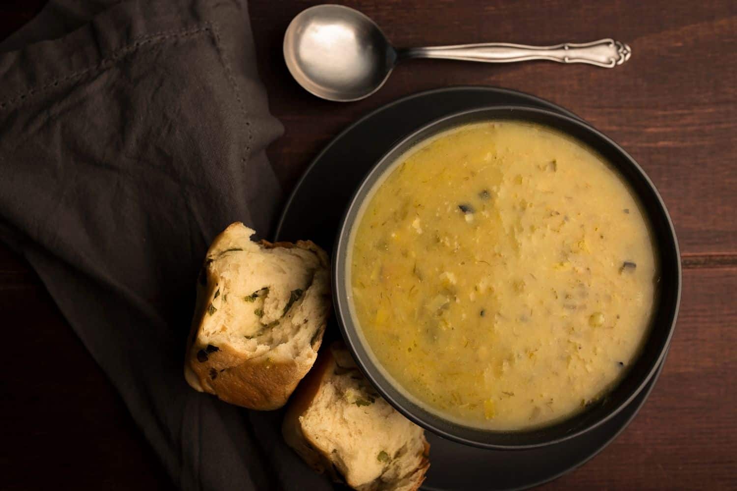 Creamy Potato and Burnt Leek Soup with Cheesy Bacon Buns