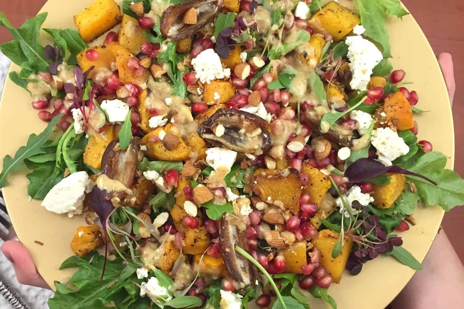 Healthy Butternut Roasted Salad with Pomegranates and Date dressing
