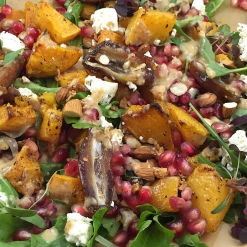 Healthy Butternut Roasted Salad with Pomegranates and Date dressing