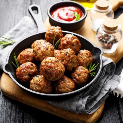Beef Meatballs in Creamy Sauce with Potato Cakes